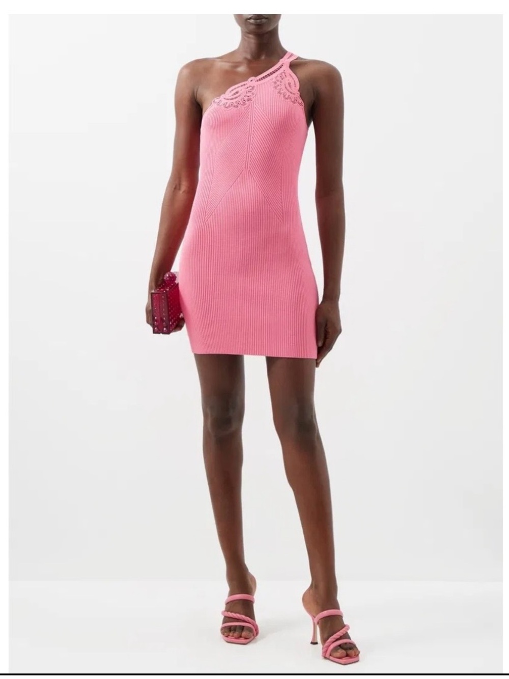 Self-Portrait One-Shoulder Rose Pink Knit Mini Dress
